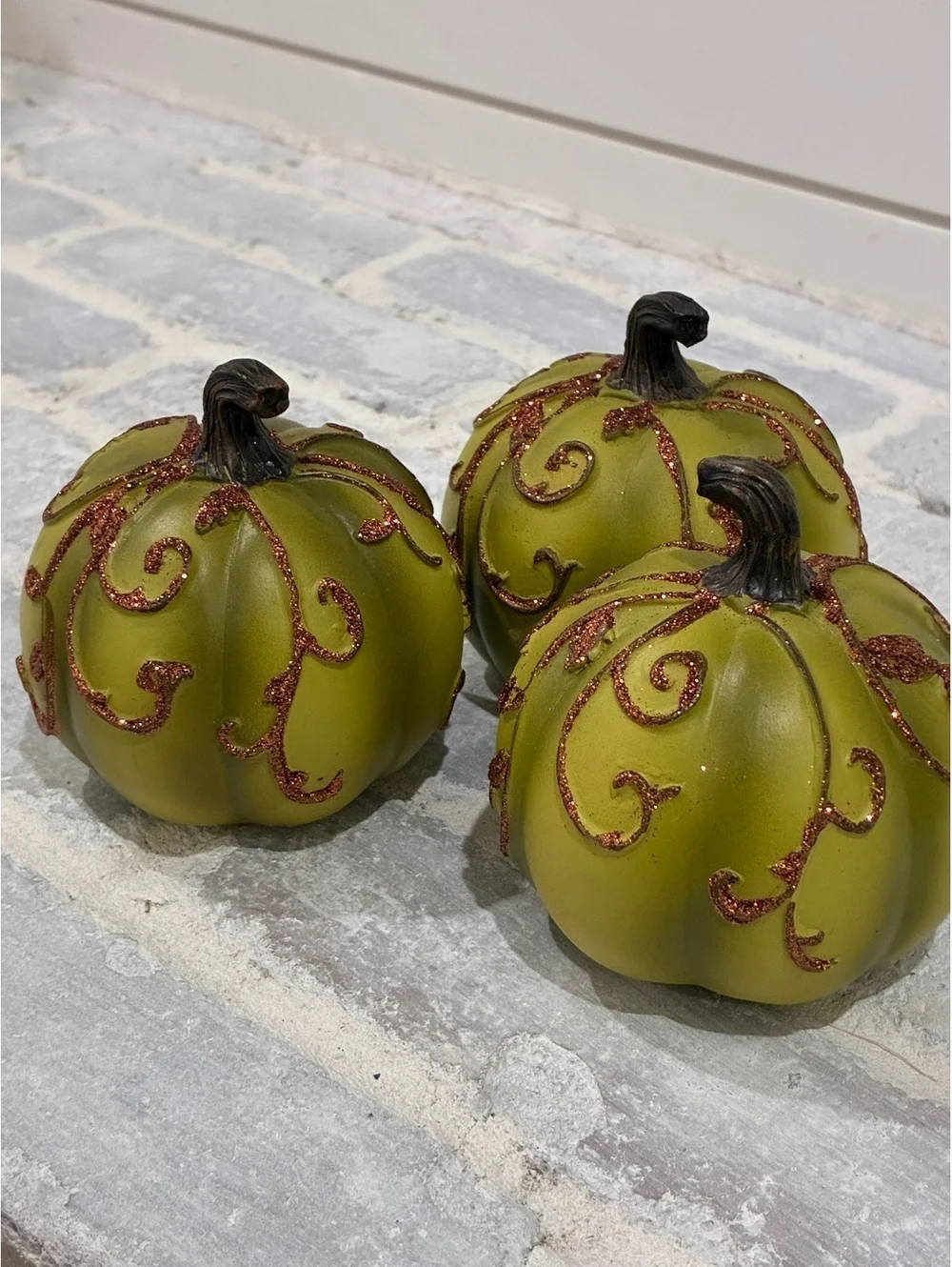 Set of 3 Decorative Green Glitter Accent Pumpkins